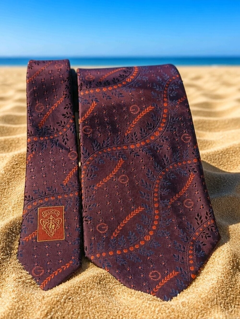 Gucci Luxury Silk Men's Burgundy and Orange Paisley Silk Tie (1185)